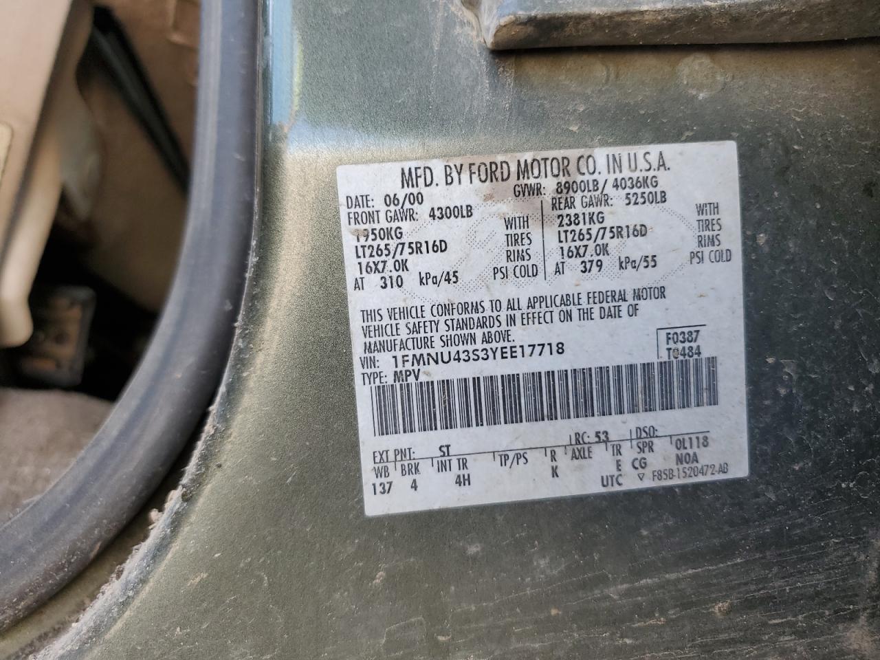 2000 Ford Excursion Limited VIN: 1FMNU43S3YEE17718 Lot: 56458175