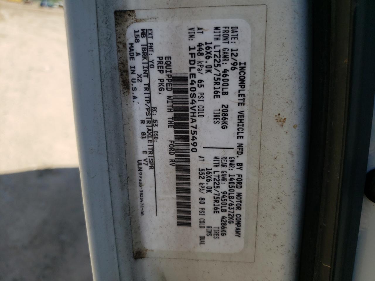 1997 Ford Econoline E450 Super Duty Cutaway Van Rv VIN: 1FDLE40S4VHA75490 Lot: 55633885