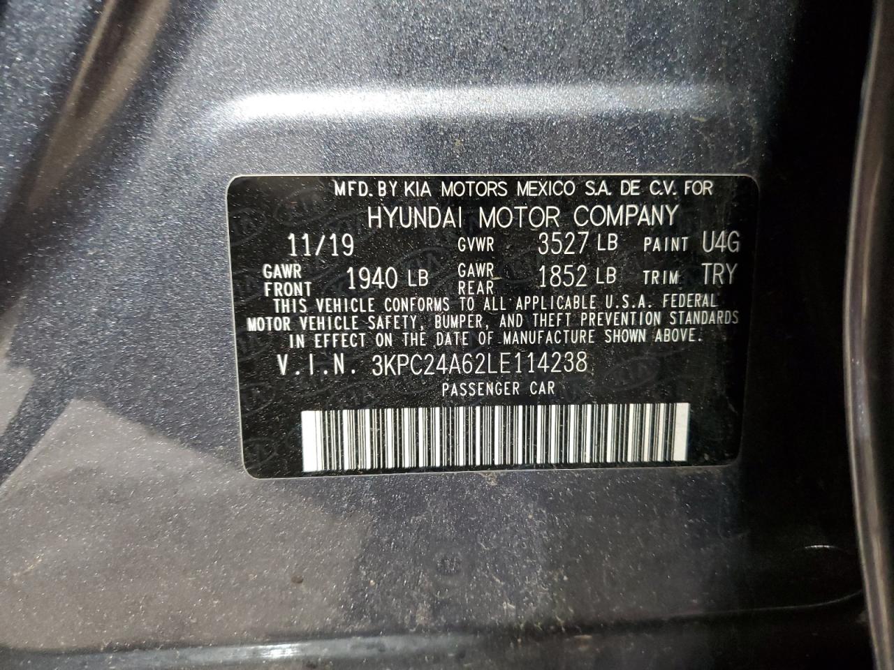2020 Hyundai Accent Se VIN: 3KPC24A62LE114238 Lot: 57114505