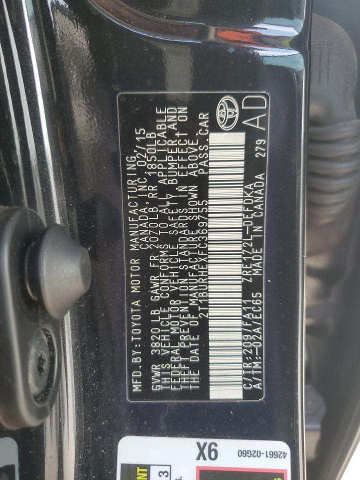 2015 Toyota Corolla L VIN: 2T1BURHEXFC369755 Lot: 57999455