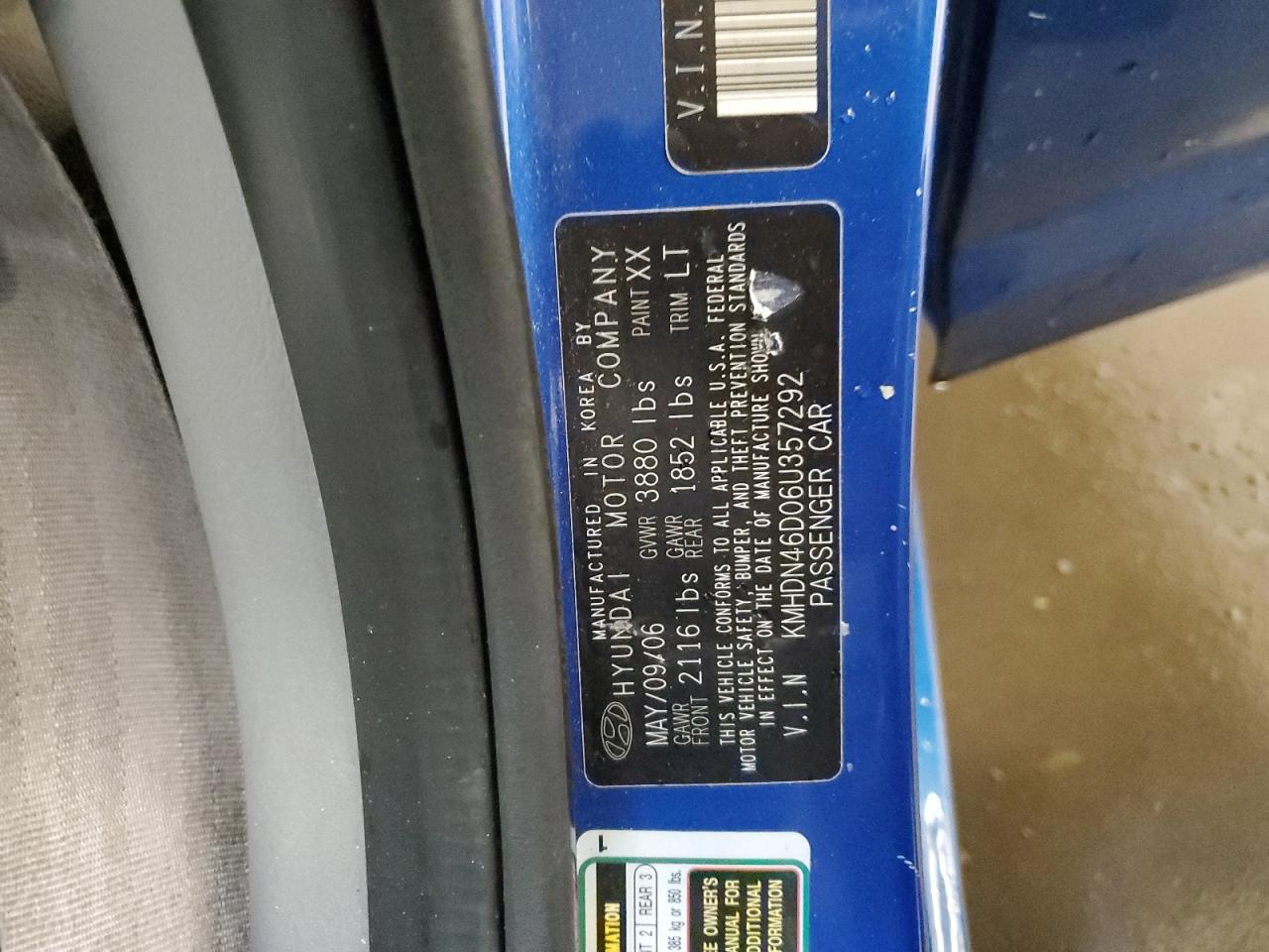 2006 Hyundai Elantra Gls VIN: KMHDN46D06U357292 Lot: 57849745