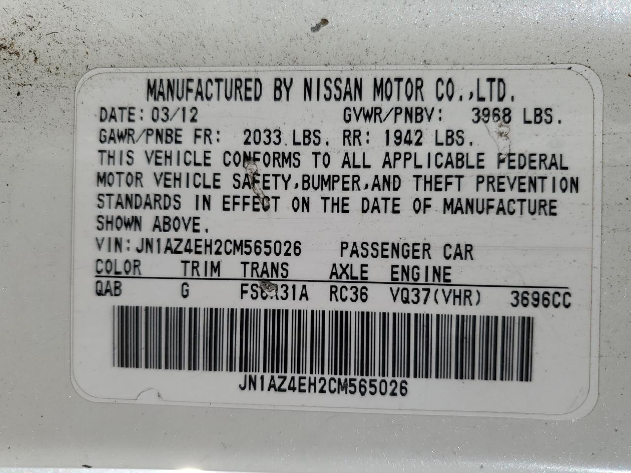2012 Nissan 370Z Base VIN: JN1AZ4EH2CM565026 Lot: 56129015