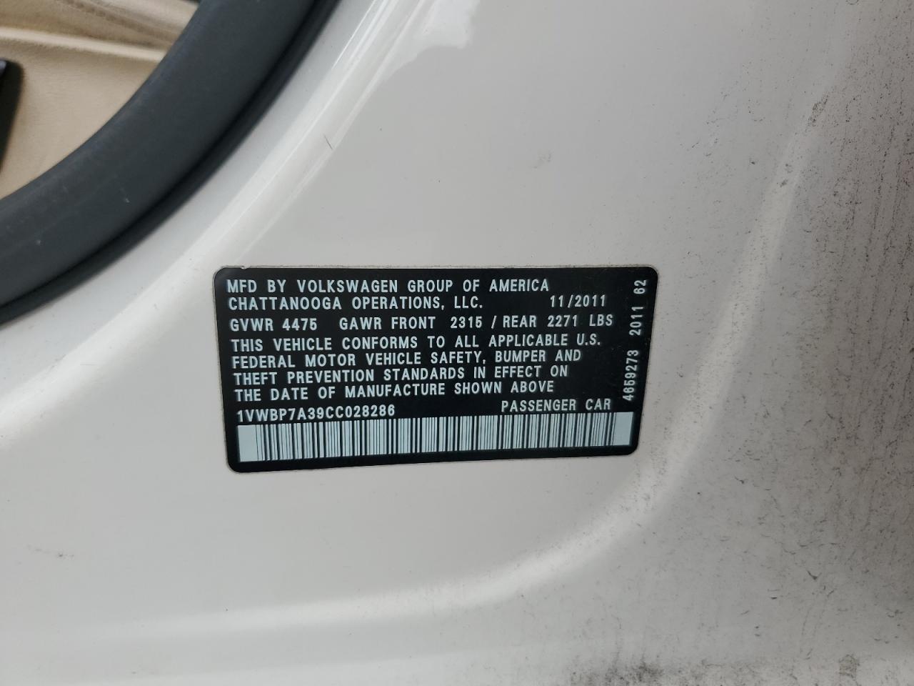2012 Volkswagen Passat Se VIN: 1VWBP7A39CC028286 Lot: 56596085