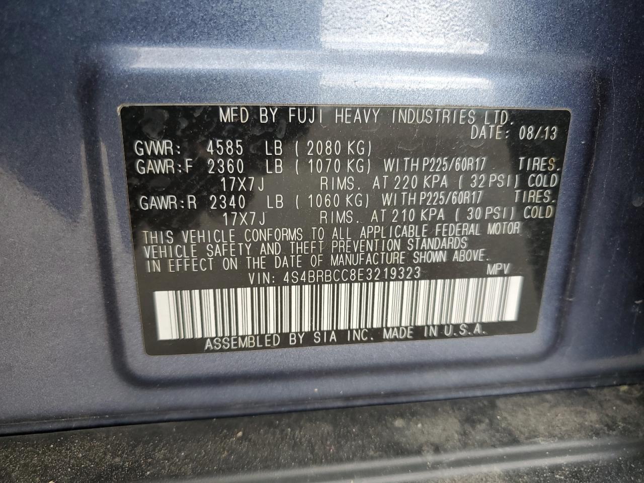 2014 Subaru Outback 2.5I Premium VIN: 4S4BRBCC8E3219323 Lot: 57081015