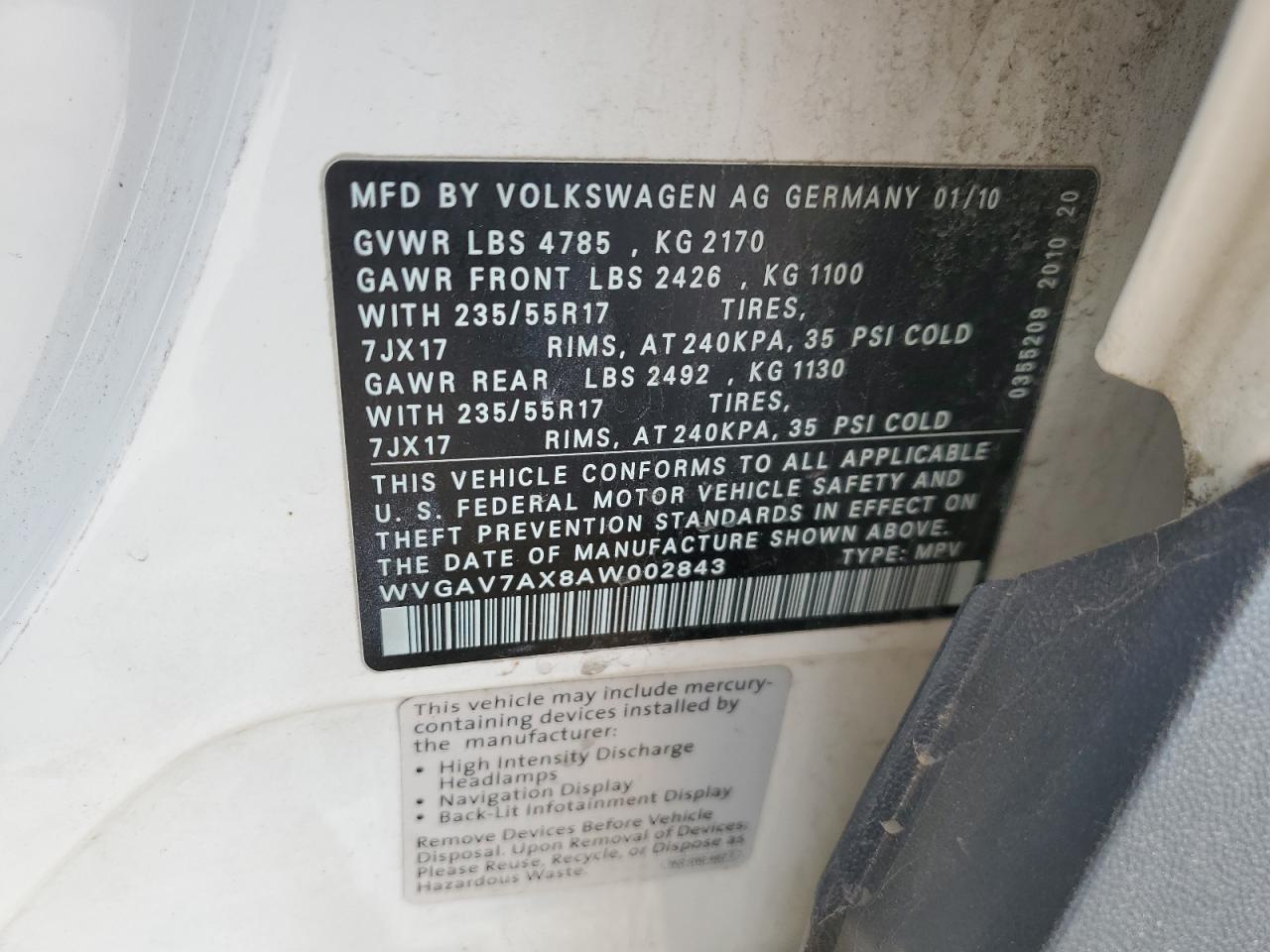 2010 Volkswagen Tiguan S VIN: WVGAV7AX8AW002843 Lot: 54982595