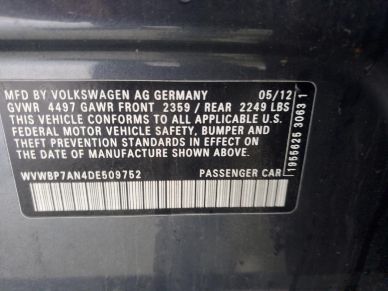 2013 Volkswagen Cc Sport VIN: WVWBP7AN4DE509752 Lot: 57883675