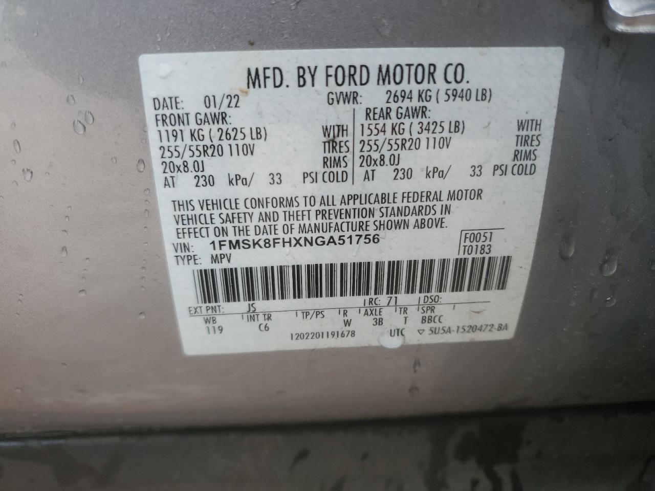 2022 Ford Explorer Limited VIN: 1FMSK8FHXNGA51756 Lot: 58847705