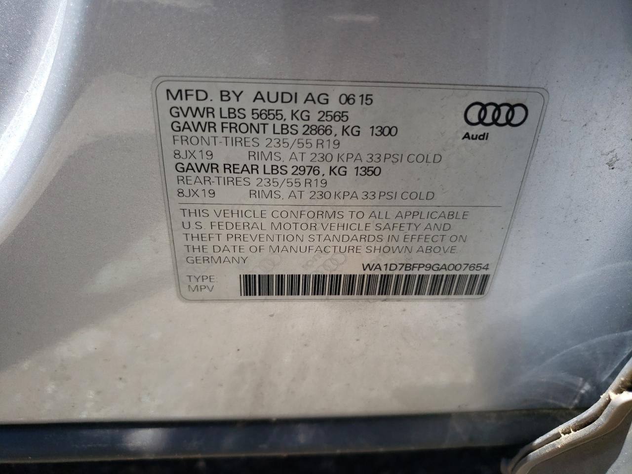 2016 Audi Q5 Premium Plus S-Line VIN: WA1D7BFP9GA007654 Lot: 56855045
