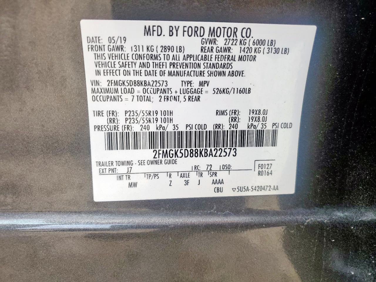 2019 Ford Flex Limited VIN: 2FMGK5D88KBA22573 Lot: 56253245
