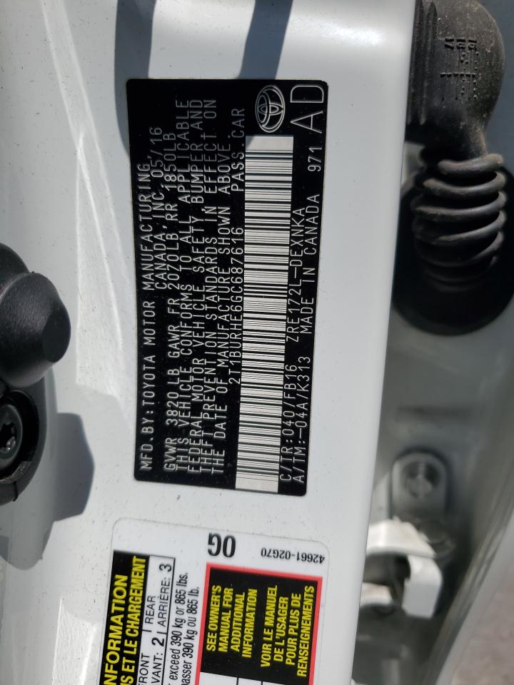 2016 Toyota Corolla L VIN: 2T1BURHE6GC687616 Lot: 58587075