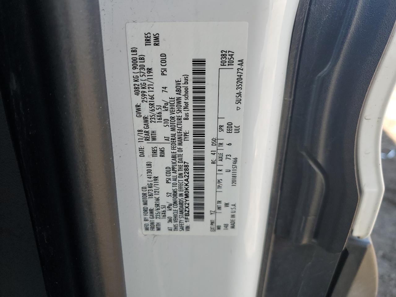 2019 Ford Transit T-350 VIN: 1FBZX2YM0KKA22887 Lot: 55754935