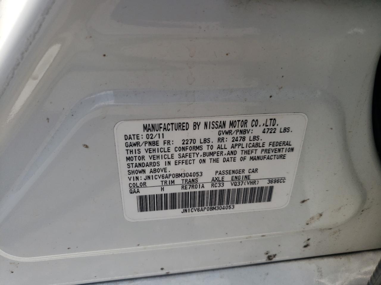 2011 Infiniti G37 Base VIN: JN1CV6AP0BM304053 Lot: 57299585