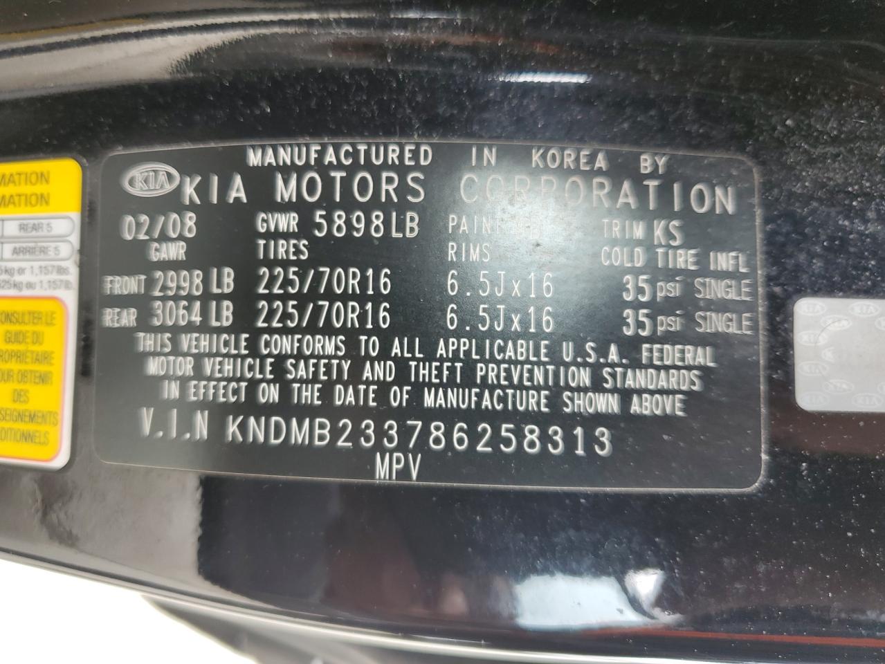 2008 Kia Sedona Ex VIN: KNDMB233786258313 Lot: 56849185