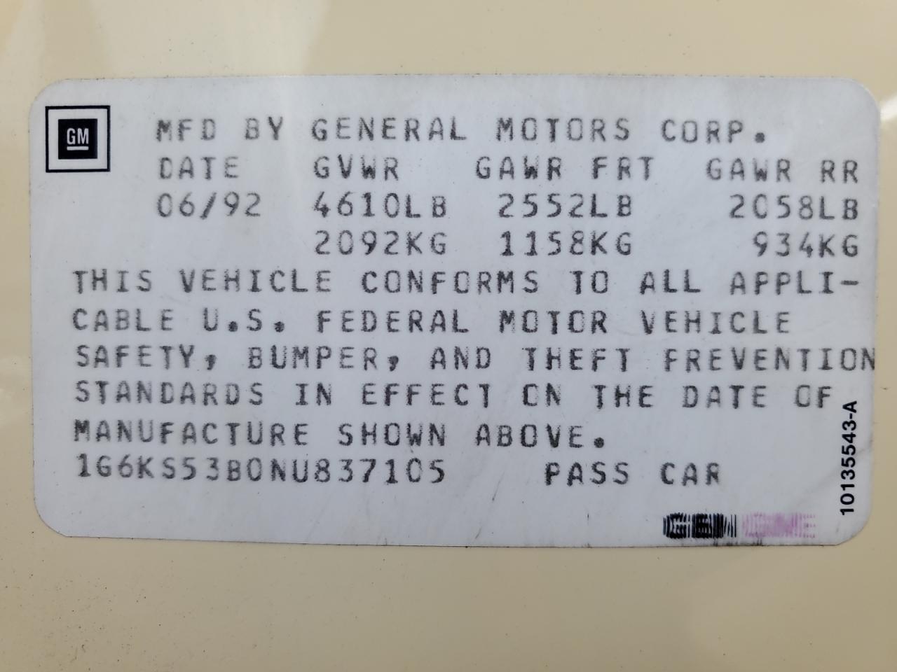 1992 Cadillac Seville VIN: 1G6KS53B0NU837105 Lot: 55865205