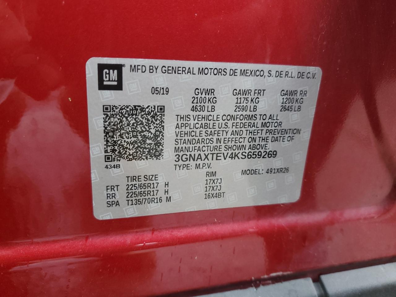 2019 Chevrolet Equinox Lt VIN: 3GNAXTEV4KS659269 Lot: 56706915