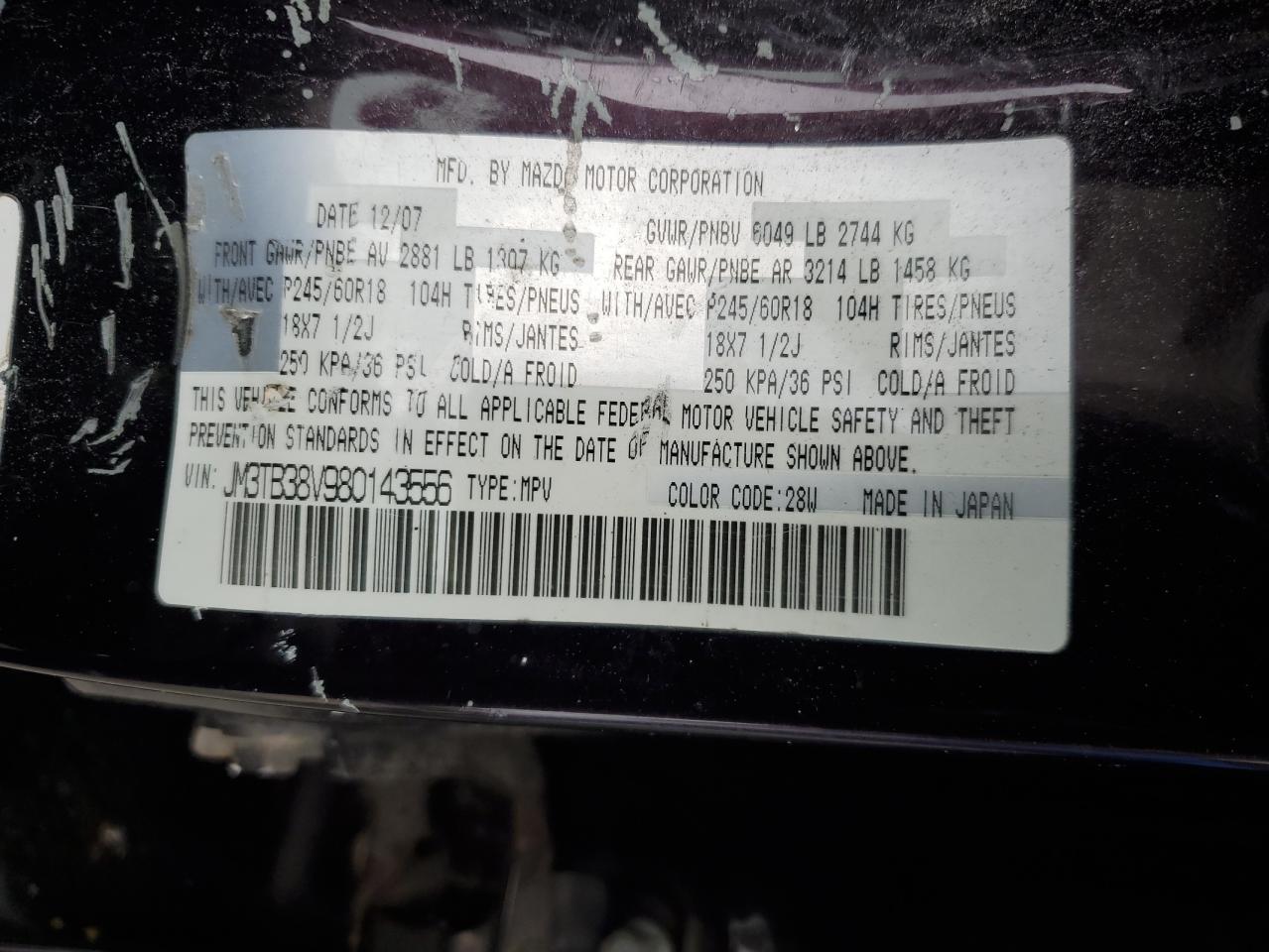 2008 Mazda Cx-9 VIN: JM3TB38V980143556 Lot: 57766395