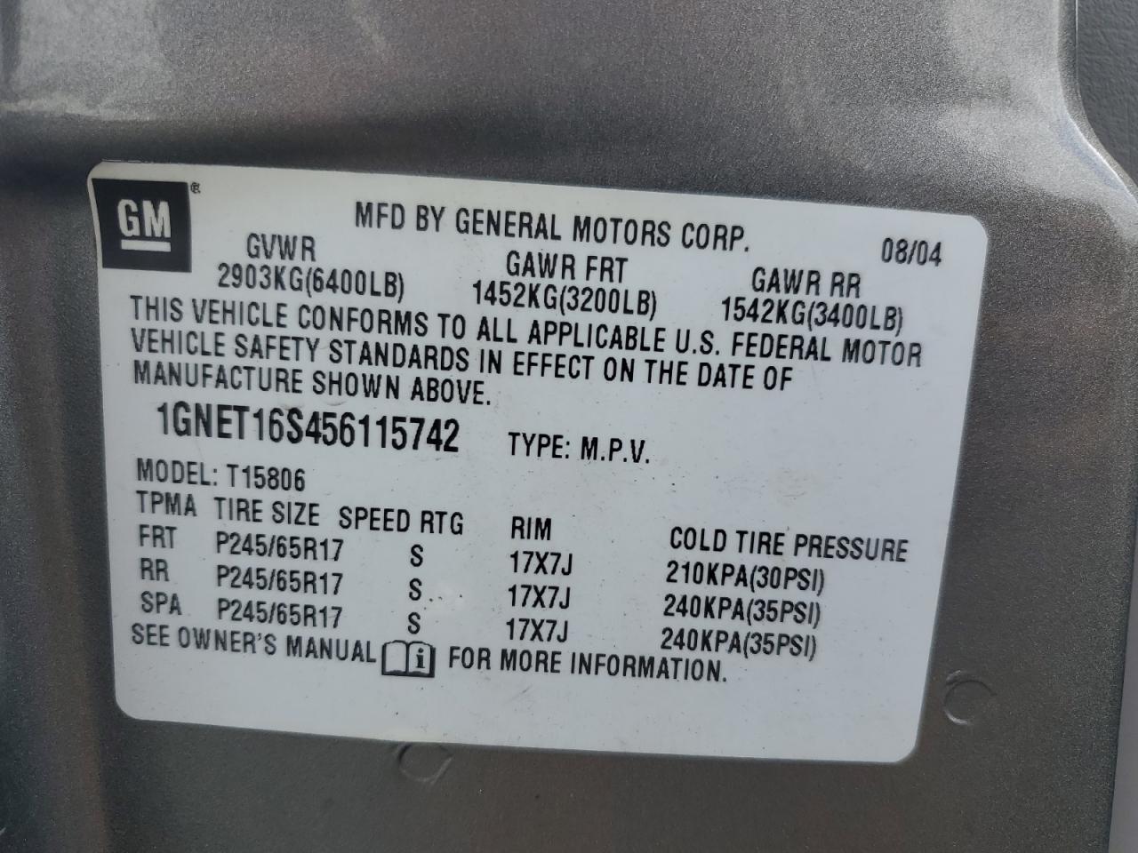 2005 Chevrolet Trailblazer Ext Ls VIN: 1GNET16S456115742 Lot: 56933195