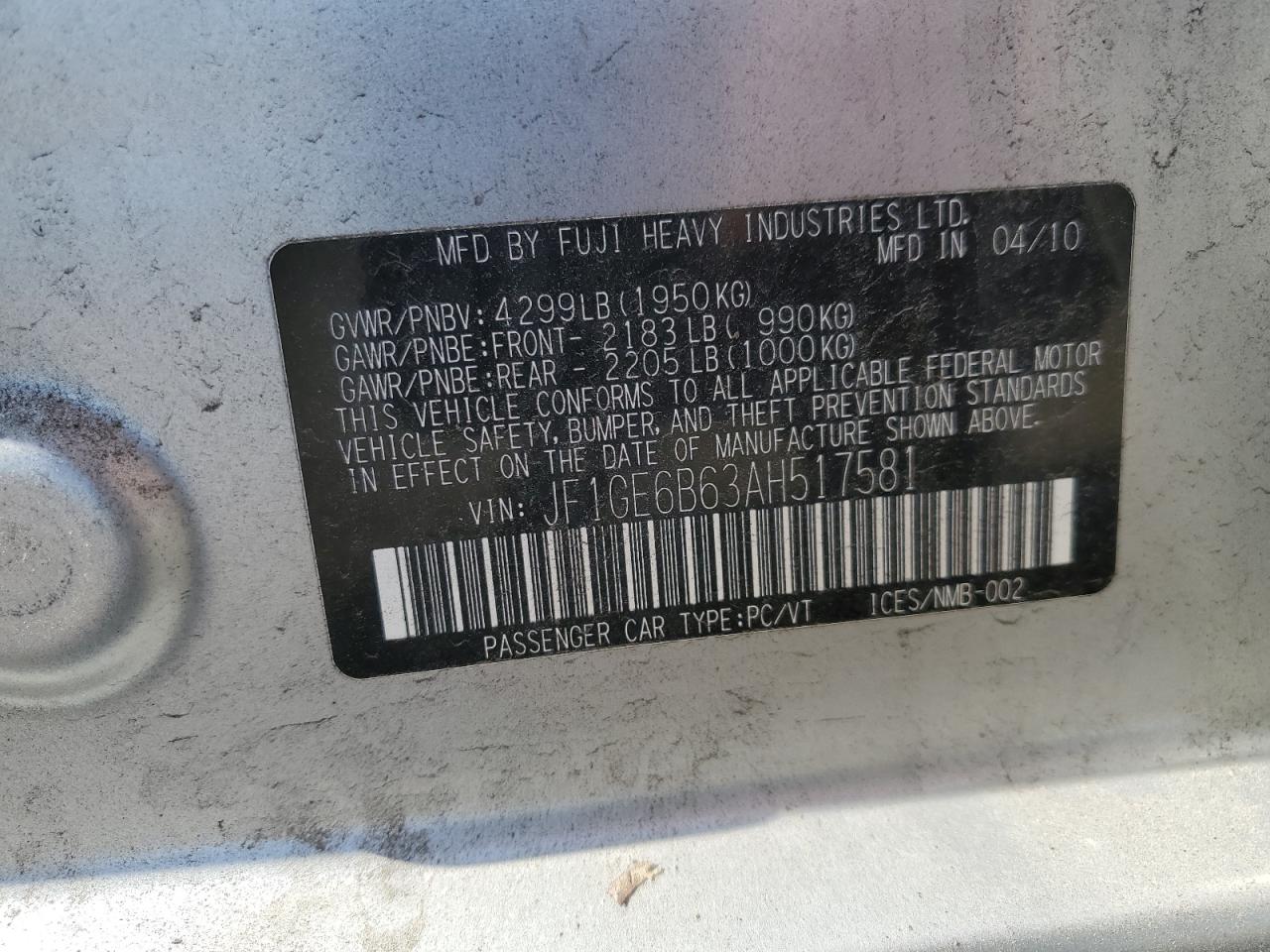 2010 Subaru Impreza 2.5I Premium VIN: JF1GE6B63AH517581 Lot: 56687415