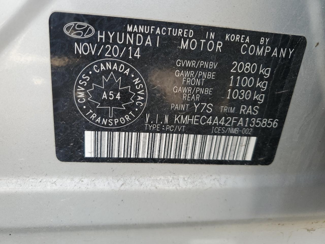 2015 Hyundai Sonata Hybrid VIN: KMHEC4A42FA135856 Lot: 58897385