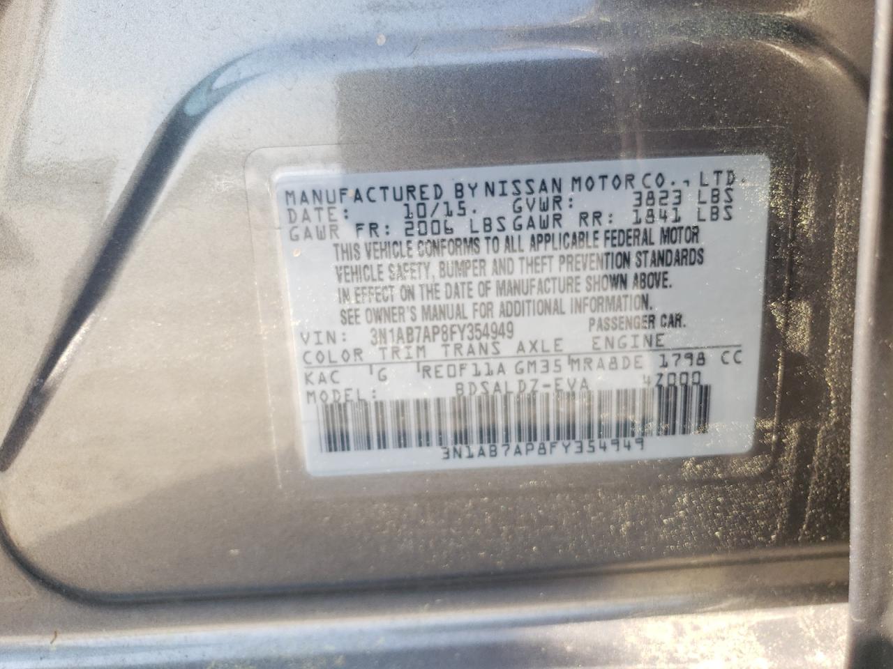 2015 Nissan Sentra S VIN: 3N1AB7AP8FY354949 Lot: 56890715