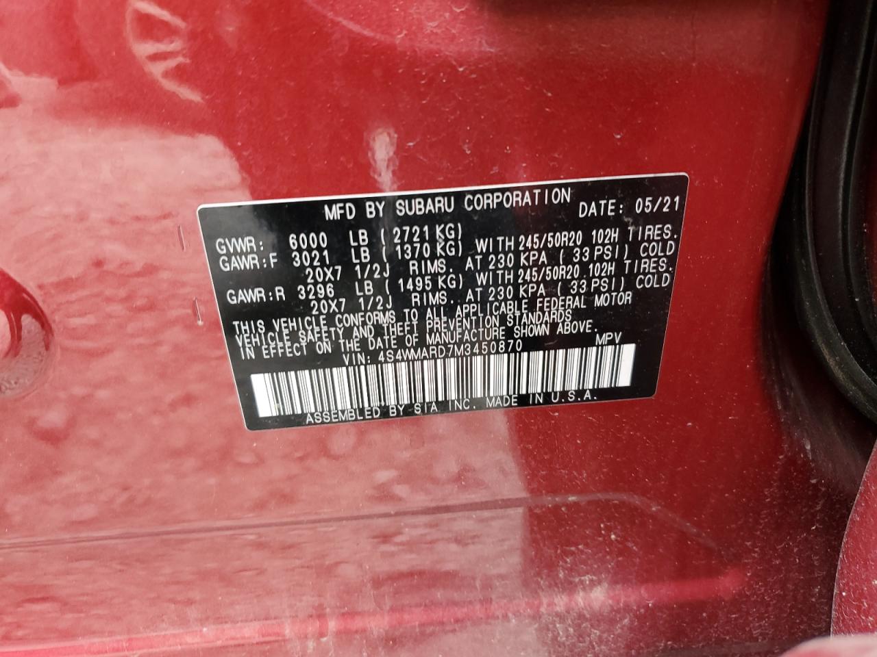 2021 Subaru Ascent Touring VIN: 4S4WMARD7M3450870 Lot: 57023935