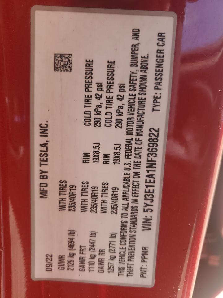 2022 Tesla Model 3 VIN: 5YJ3E1EA1NF369822 Lot: 56118475