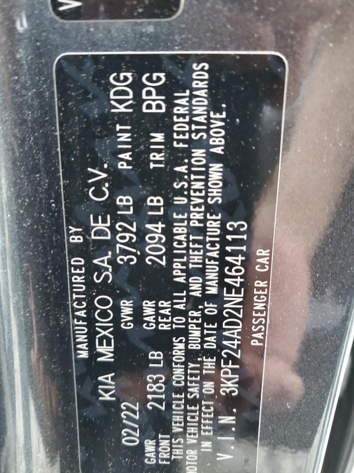 2022 Kia Forte Fe VIN: 3KPF24AD2NE464113 Lot: 55889335
