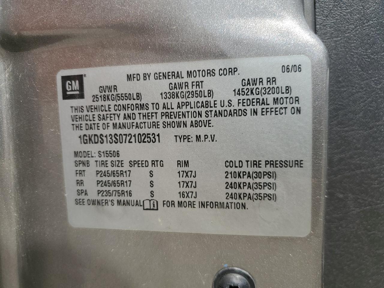2007 GMC Envoy VIN: 1GKDS13S072102531 Lot: 56327335