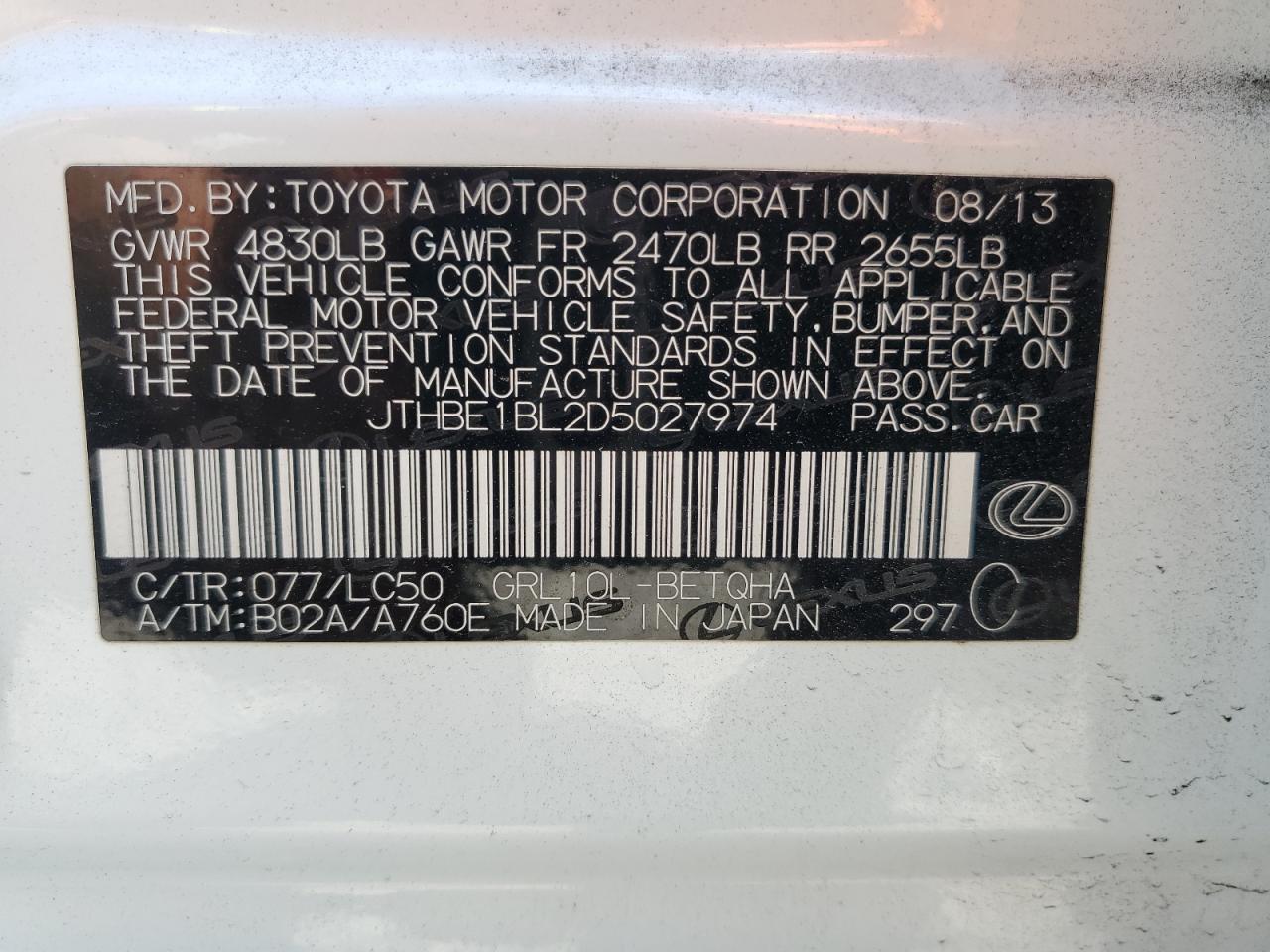 2013 Lexus Gs 350 VIN: JTHBE1BL2D5027974 Lot: 55384205