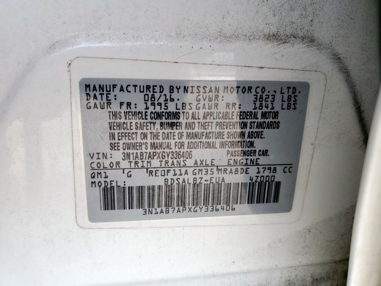 2016 Nissan Sentra S VIN: 3N1AB7APXGY336406 Lot: 56961625
