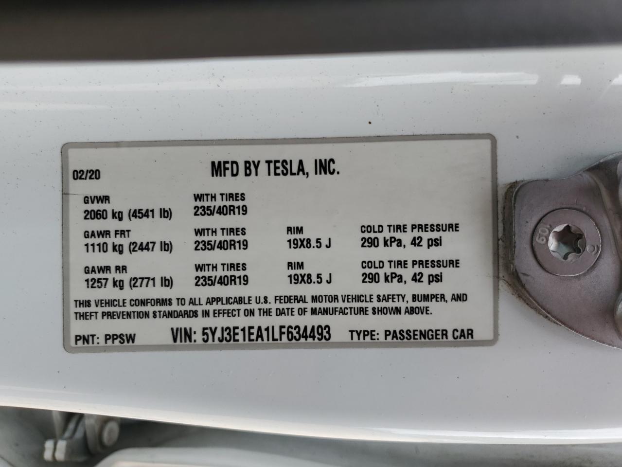 2020 Tesla Model 3 VIN: 5YJ3E1EA1LF634493 Lot: 57041635