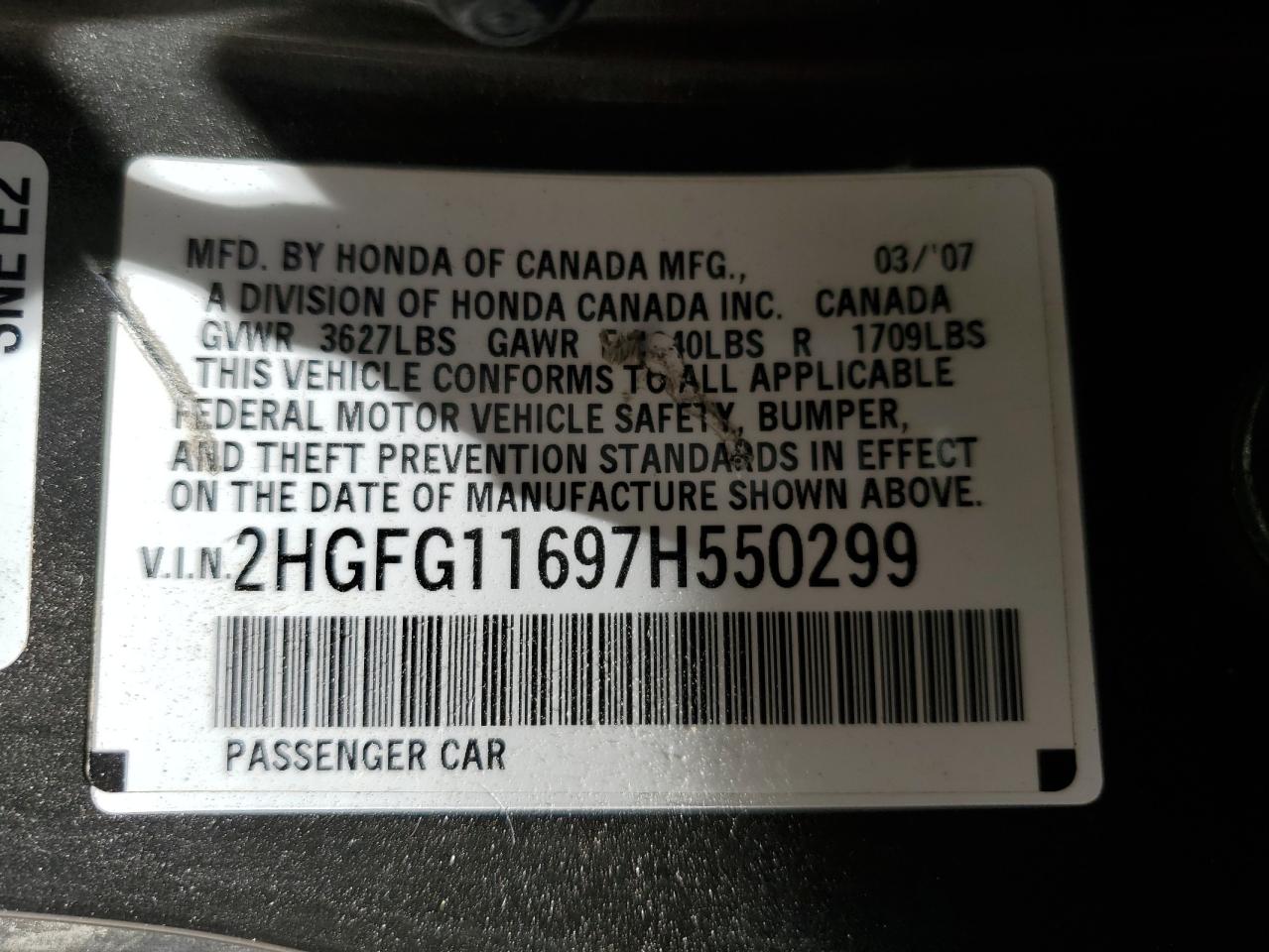 2007 Honda Civic Lx VIN: 2HGFG11697H550299 Lot: 58593245