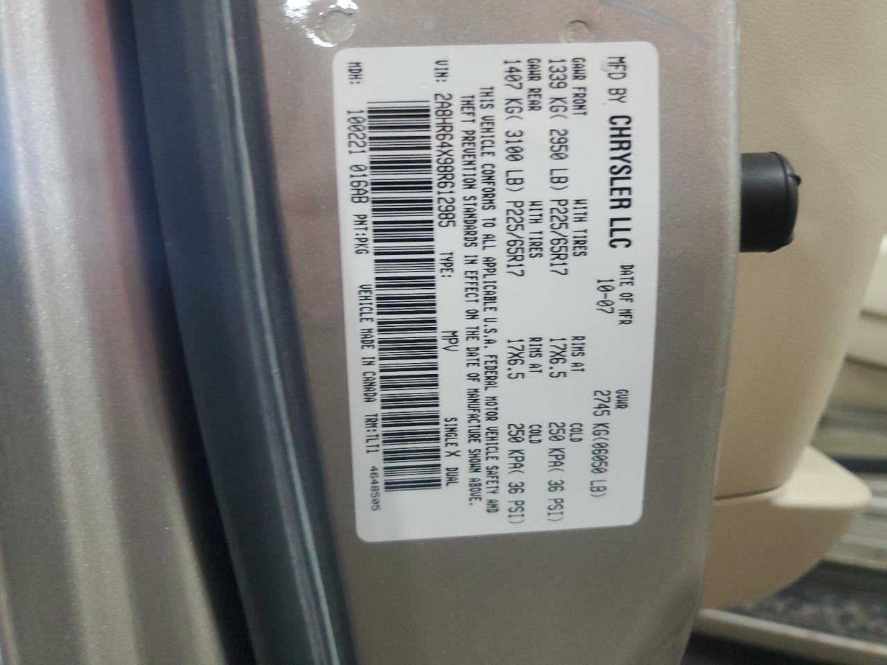 2008 Chrysler Town & Country Limited VIN: 2A8HR64X98R612985 Lot: 56837535