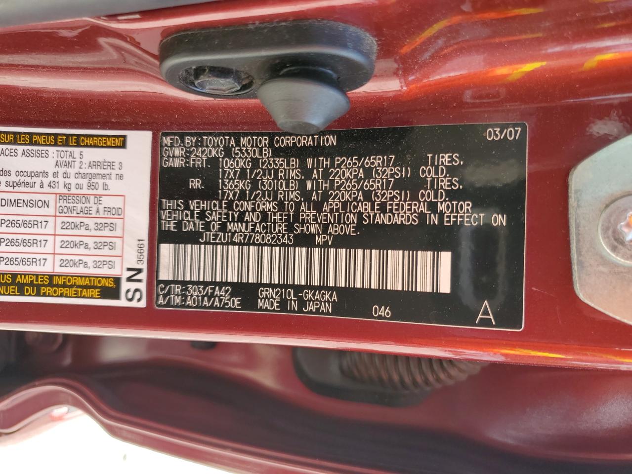 2007 Toyota 4Runner Sr5 VIN: JTEZU14R778082343 Lot: 56186395