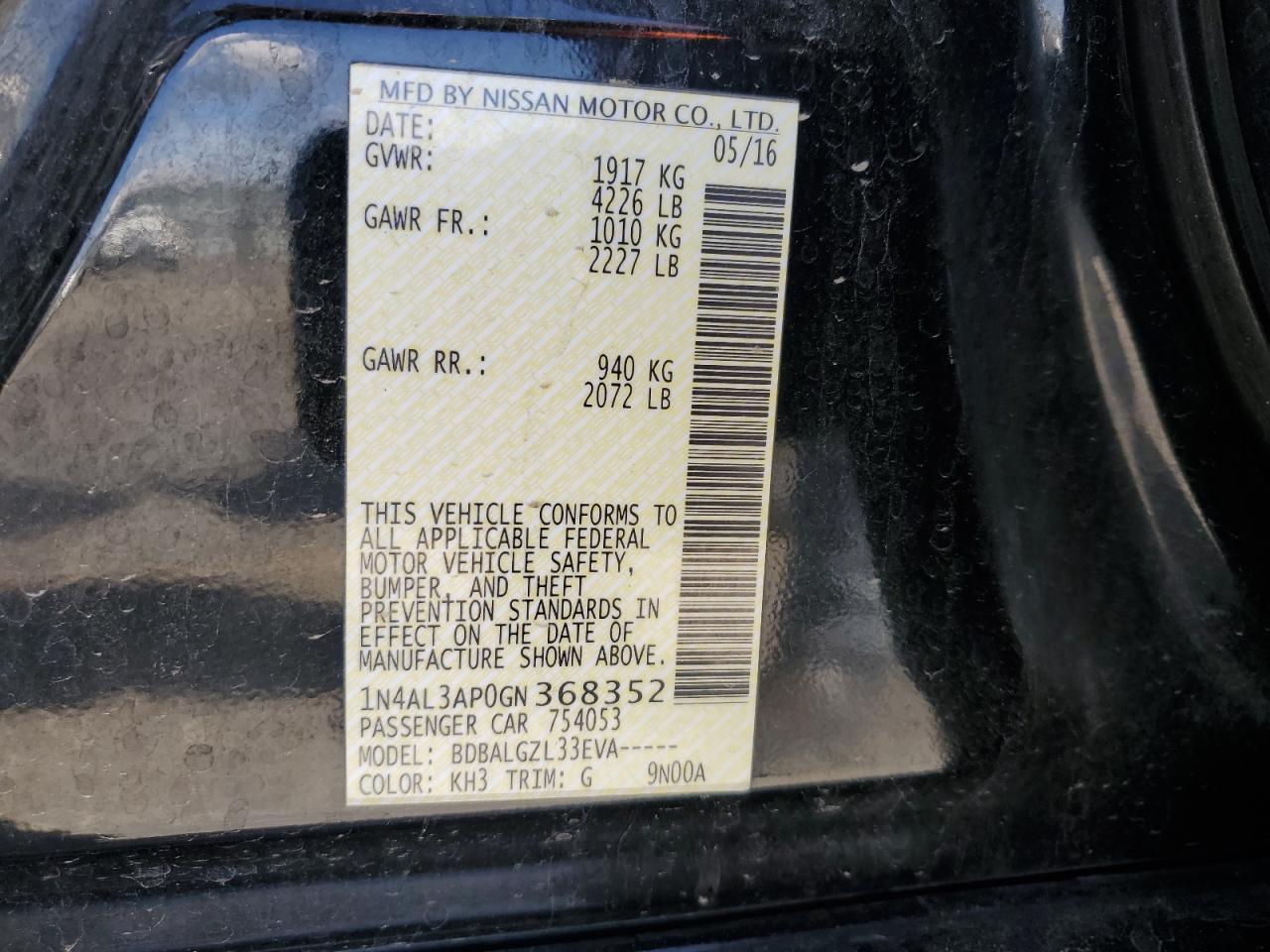 2016 Nissan Altima 2.5 VIN: 1N4AL3AP0GN368352 Lot: 57162725
