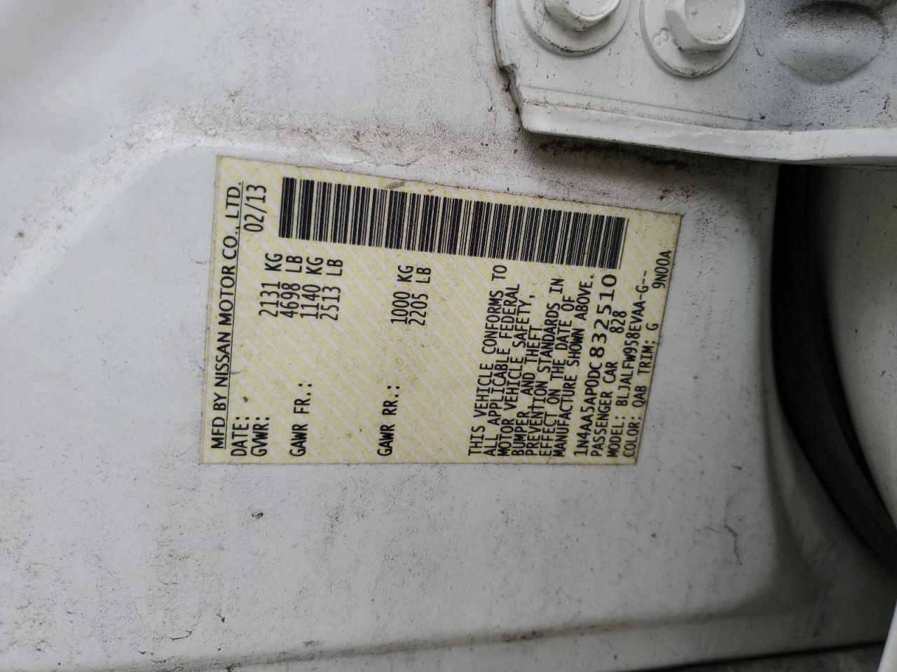 2013 Nissan Maxima S VIN: 1N4AA5AP0DC832510 Lot: 54608285