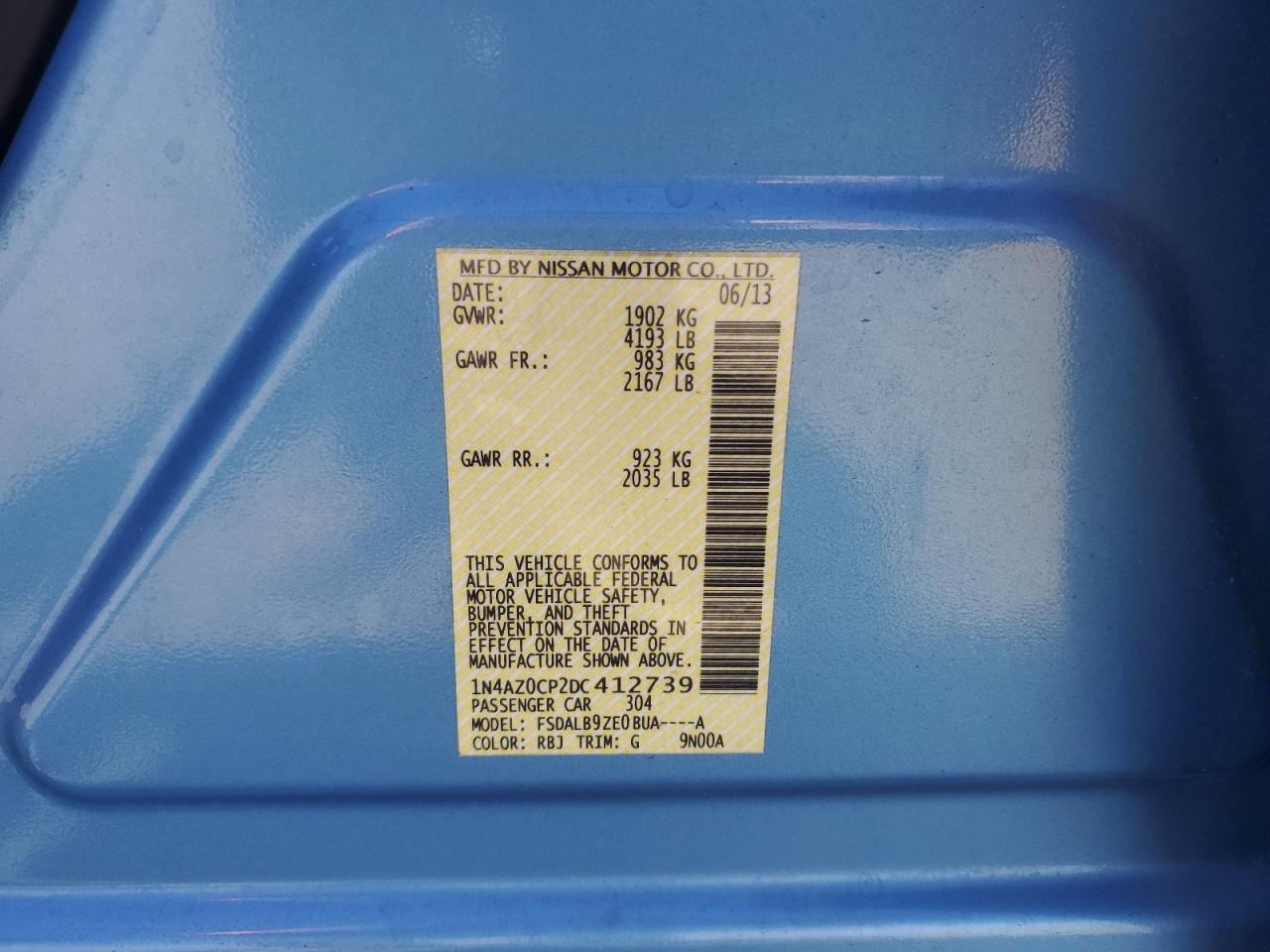 2013 Nissan Leaf S VIN: 1N4AZ0CP2DC412739 Lot: 58161695