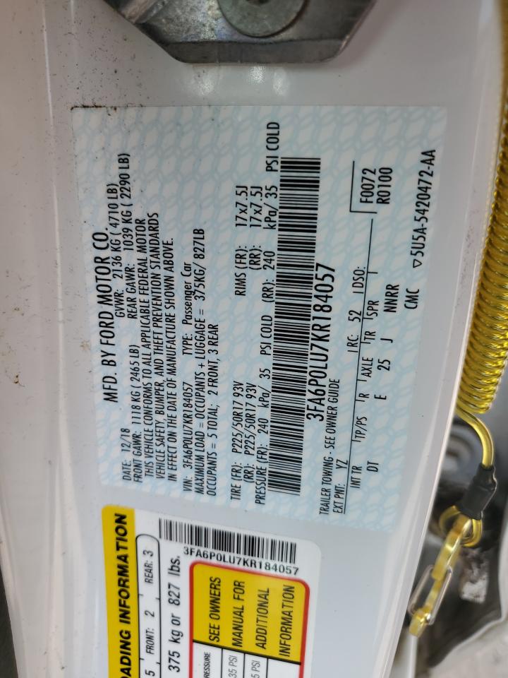 2019 Ford Fusion Se VIN: 3FA6P0LU7KR184057 Lot: 54042915