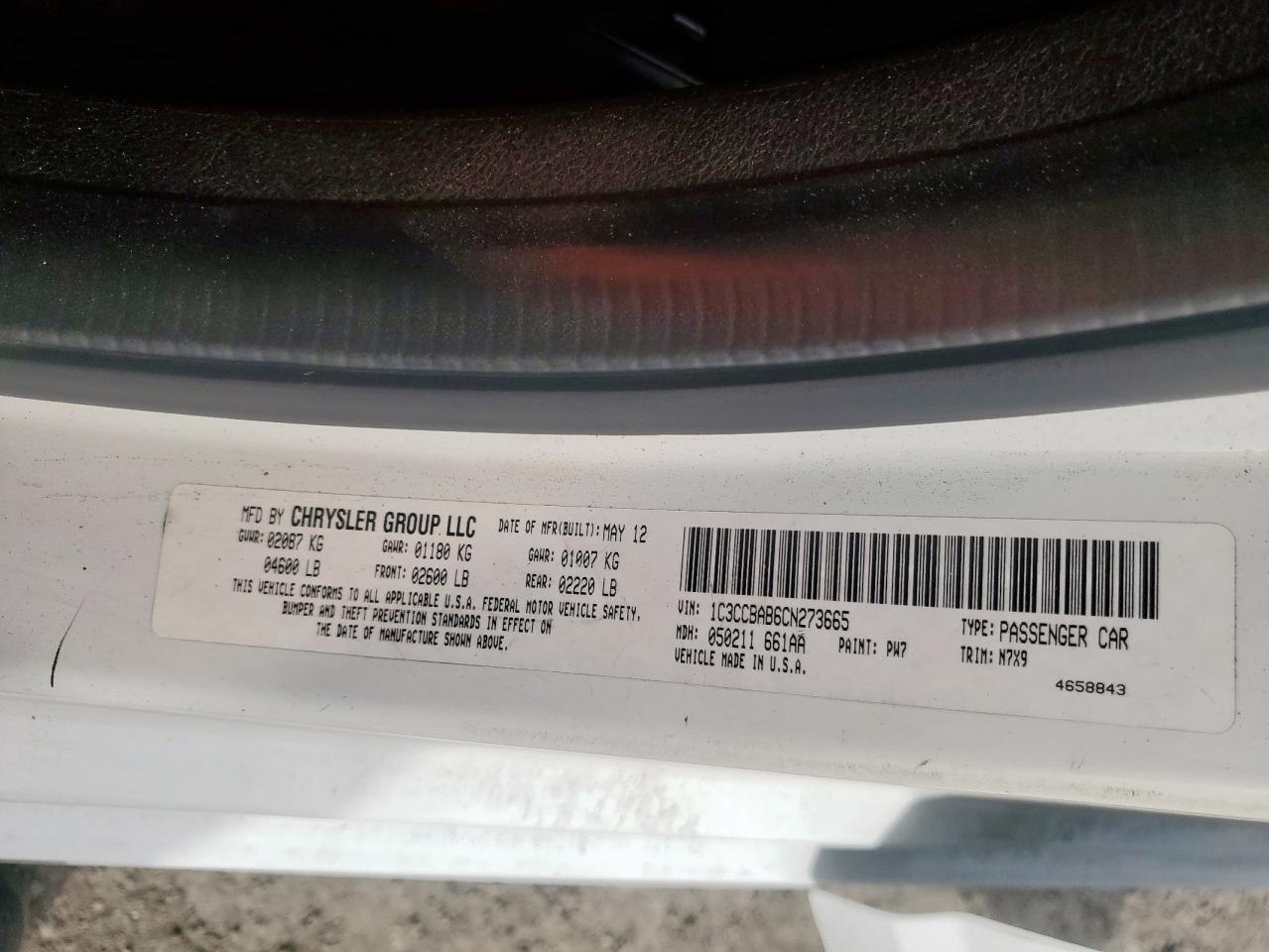 2012 Chrysler 200 Lx VIN: 1C3CCBAB6CN273665 Lot: 56874425