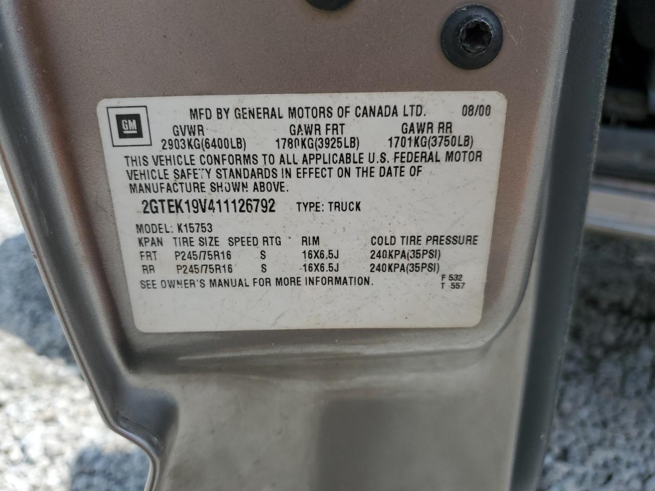 2001 GMC New Sierra K1500 VIN: 2GTEK19V411126792 Lot: 56729965