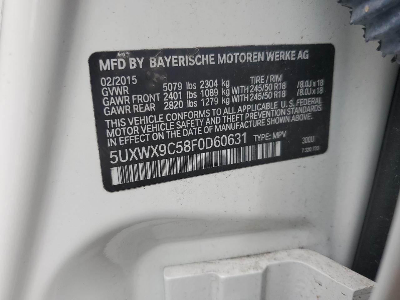 2015 BMW X3 xDrive28I VIN: 5UXWX9C58F0D60631 Lot: 57112135