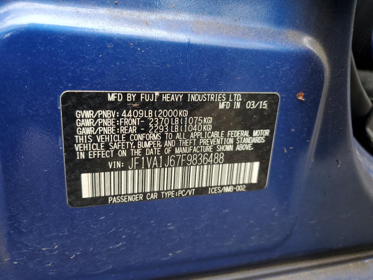 2015 Subaru Wrx Limited VIN: JF1VA1J67F9836488 Lot: 57176895