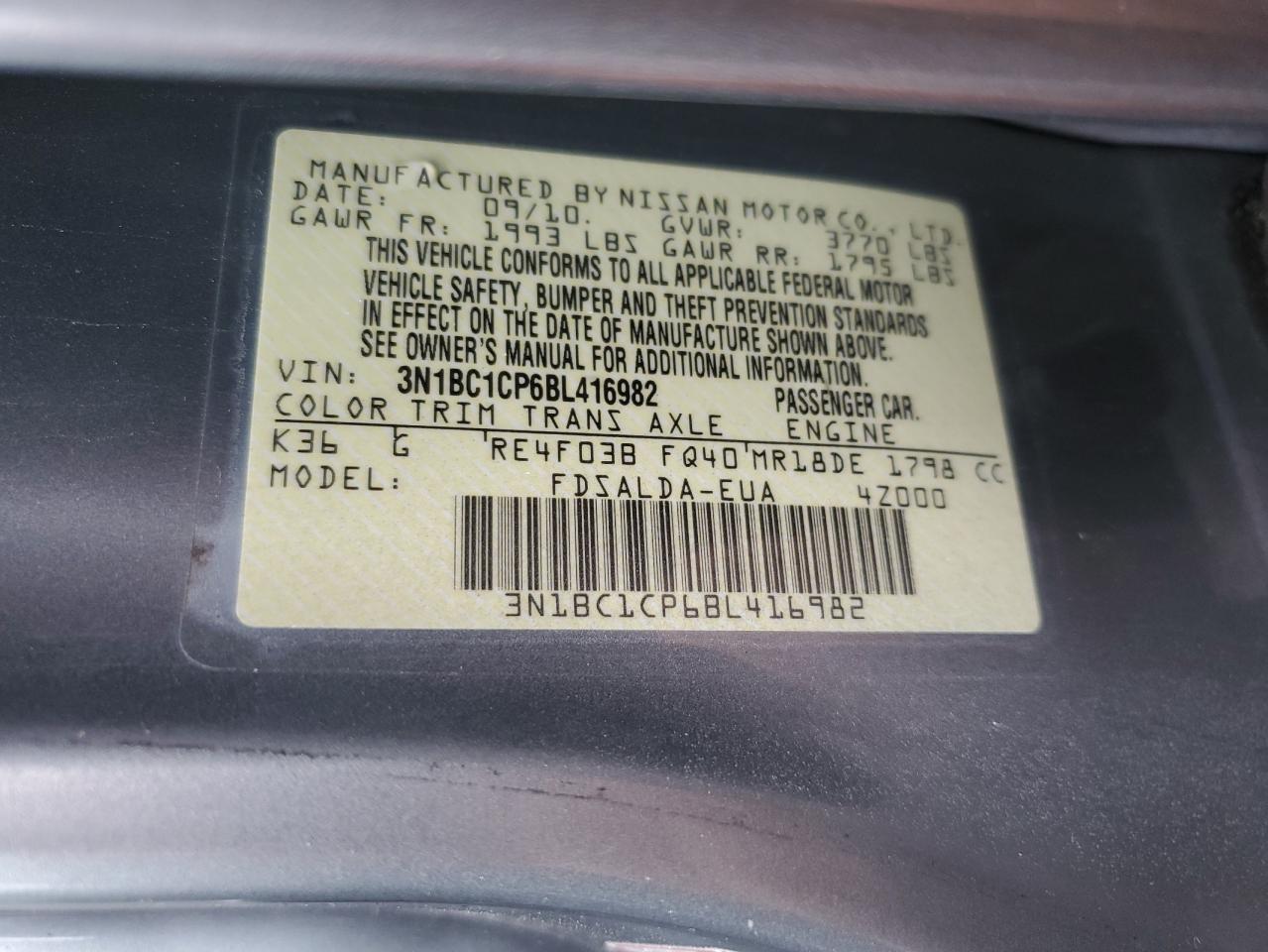 2011 Nissan Versa S VIN: 3N1BC1CP6BL416982 Lot: 56705925