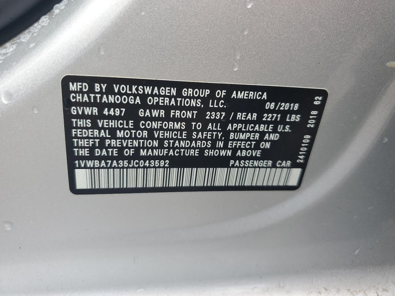 2018 Volkswagen Passat Se VIN: 1VWBA7A35JC043592 Lot: 56472015