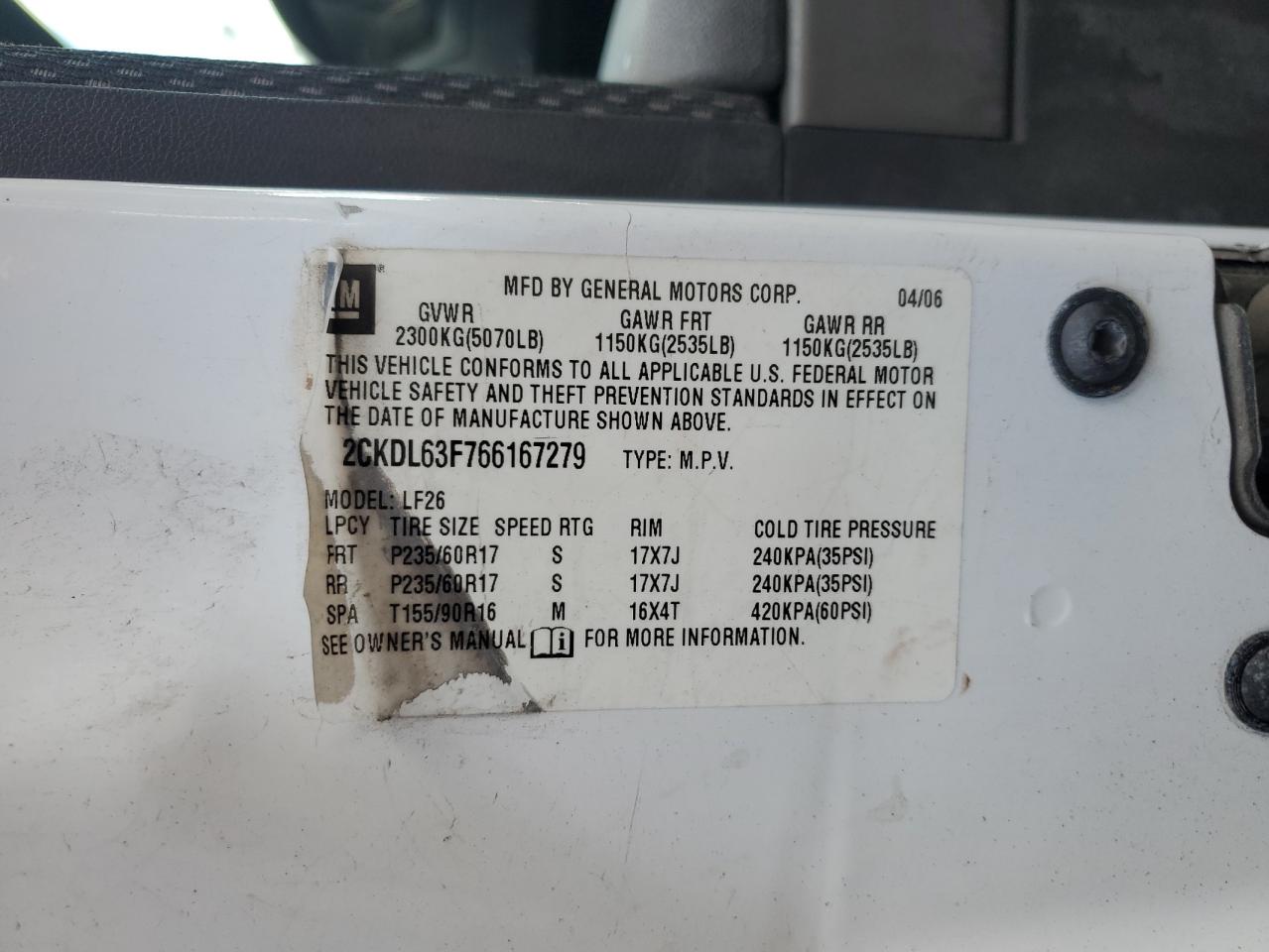 2006 Pontiac Torrent VIN: 2CKDL63F766167279 Lot: 55888595