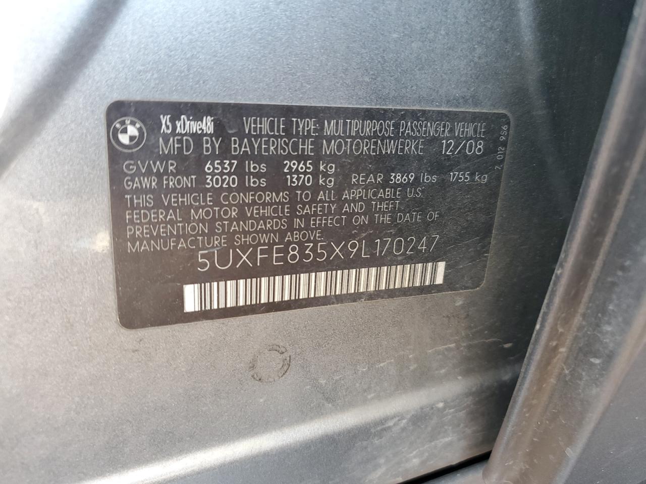 2009 BMW X5 xDrive48I VIN: 5UXFE835X9L170247 Lot: 55107535