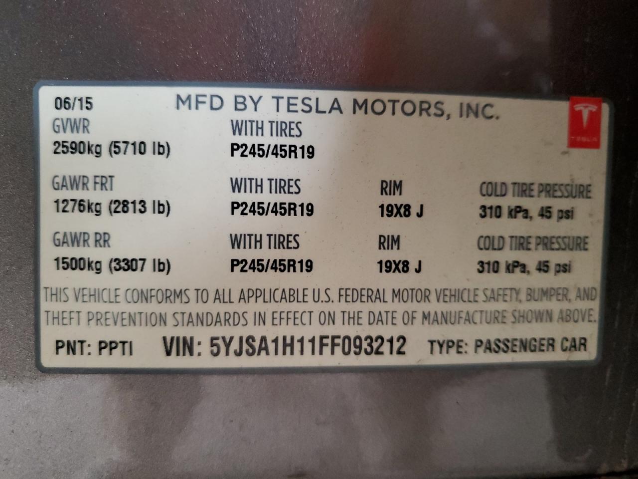 2015 Tesla Model S 85 VIN: 5YJSA1H11FF093212 Lot: 56778785