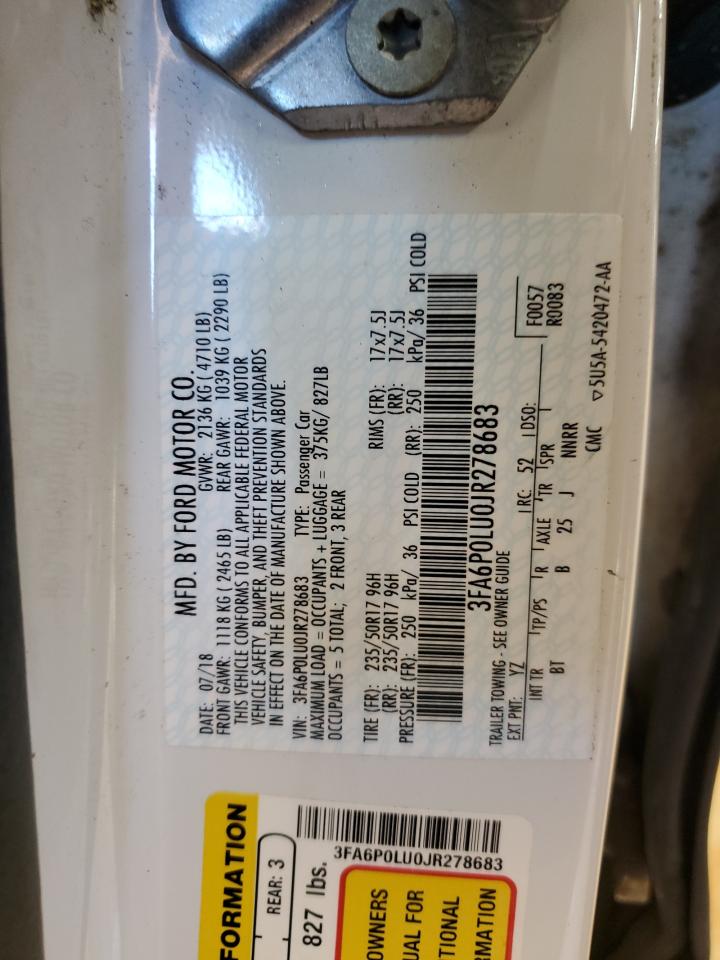 2018 Ford Fusion Se Hybrid VIN: 3FA6P0LU0JR278683 Lot: 54028015