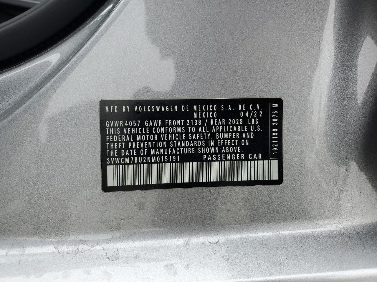 2022 Volkswagen Jetta S VIN: 3VWCM7BU2NM015191 Lot: 58795995