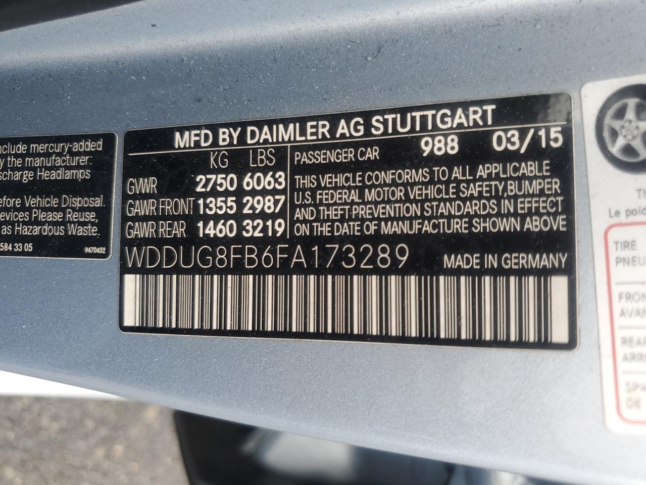 2015 Mercedes-Benz S 550 4Matic VIN: WDDUG8FB6FA173289 Lot: 57212495